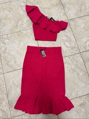 Express Fuchsia Ruffle Knit Skirt Set